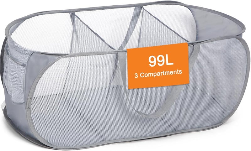 Bemkoo Durable Collapsible Foldable Pop Up Laundry Hamper, Sturdy 3 Compartments, Handy Pocket & Easy to Sort Clothes Hampers for Dorm, Kids Room, Travel - Grey - Image 1
